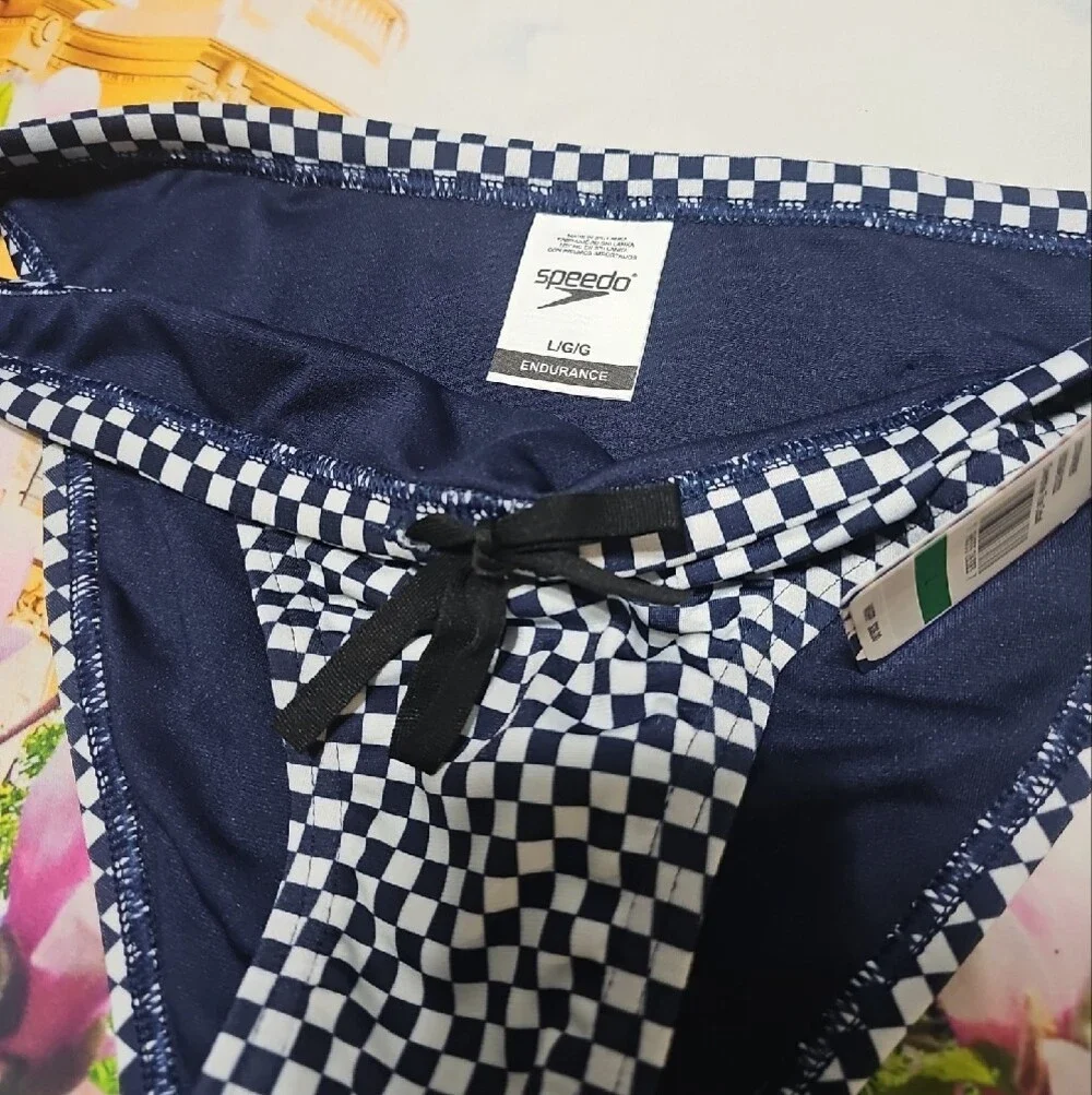 Speedo Cobalt Blue and White Checkered Bikini Bottoms Large New